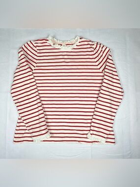Boden Striped Top Womens 14 Red White Lace Trim Puff Sleeve Cotton